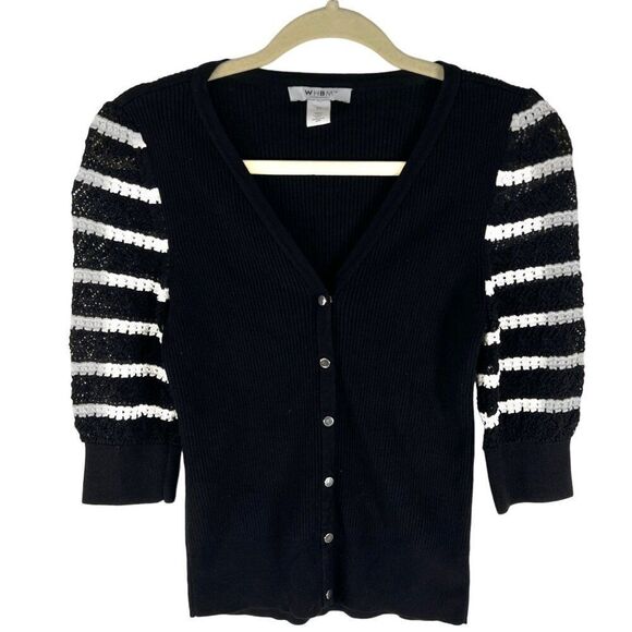 WHBM Womens Black Striped Classy Ribbed Crochet Knit Cardigan Sweater / XS - Picture 3 of 7